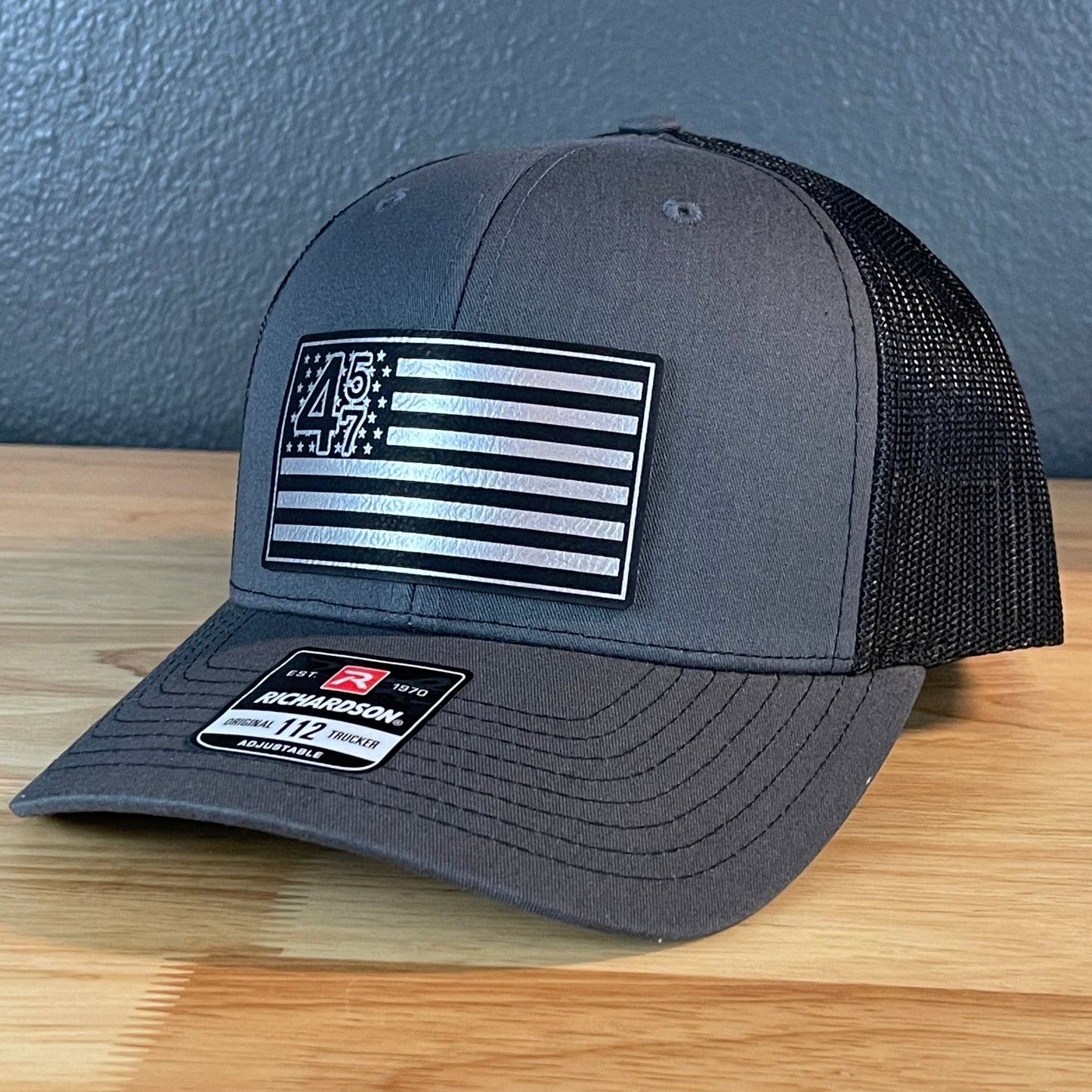 45 47 Inauguration American Flag Patriotic SnapBack Trucker Leather Patch Hat Charcoal Blk/Silv - Hollow Point Society - Patch Hat