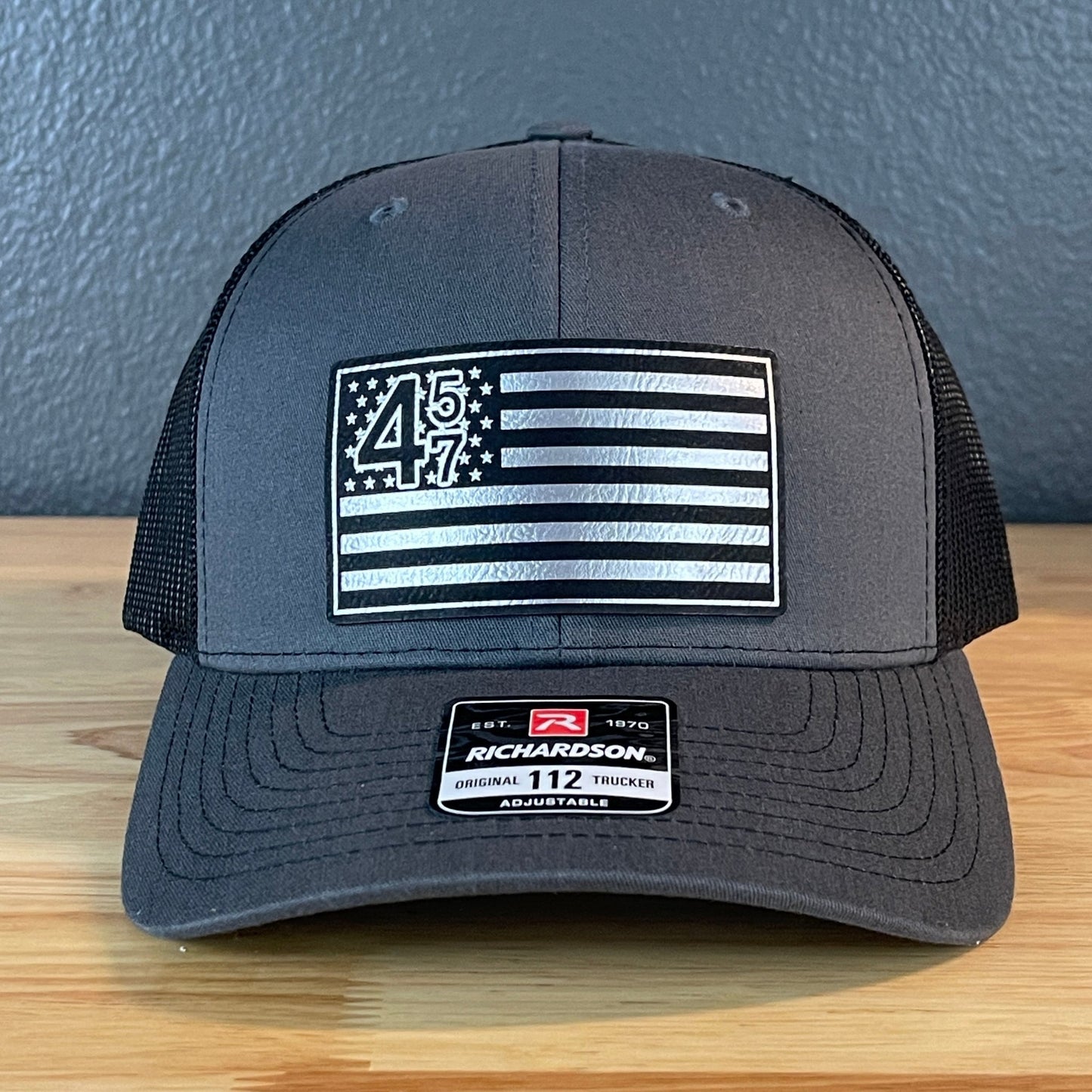 45 47 Inauguration American Flag Patriotic SnapBack Trucker Leather Patch Hat Charcoal Blk/Silv - Hollow Point Society - Patch Hat