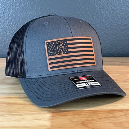 45 47 Inauguration American Flag Patriotic SnapBack Trucker Rawhide Leather Patch Hat Charcoal - Hollow Point Society - Patch Hat