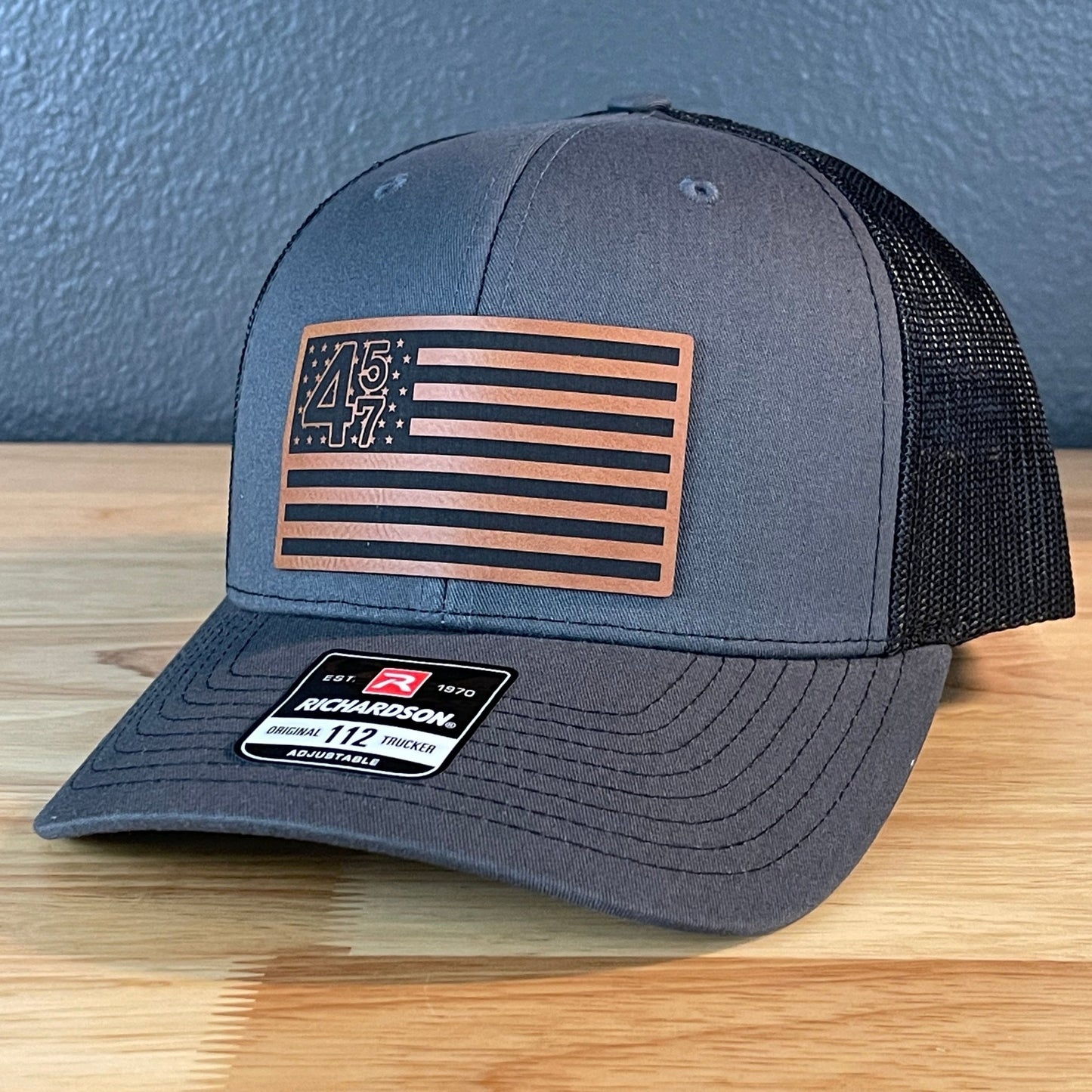 45 47 Inauguration American Flag Patriotic SnapBack Trucker Rawhide Leather Patch Hat Charcoal - Hollow Point Society - Patch Hat