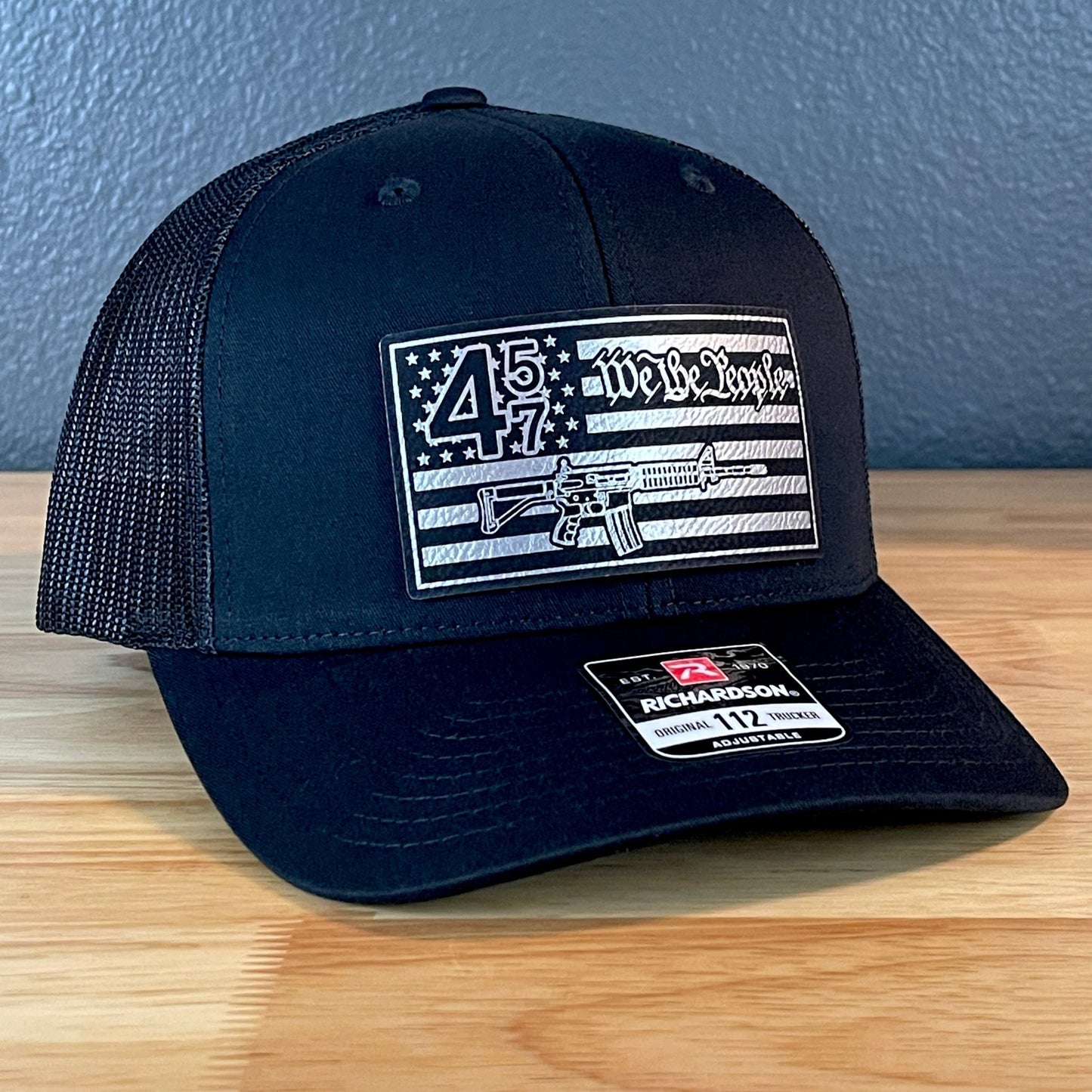 45 47 We the People 2A American Flag SnapBack Trucker Leather Patch Hat Blk/Silv - Hollow Point Society - Patch Hat