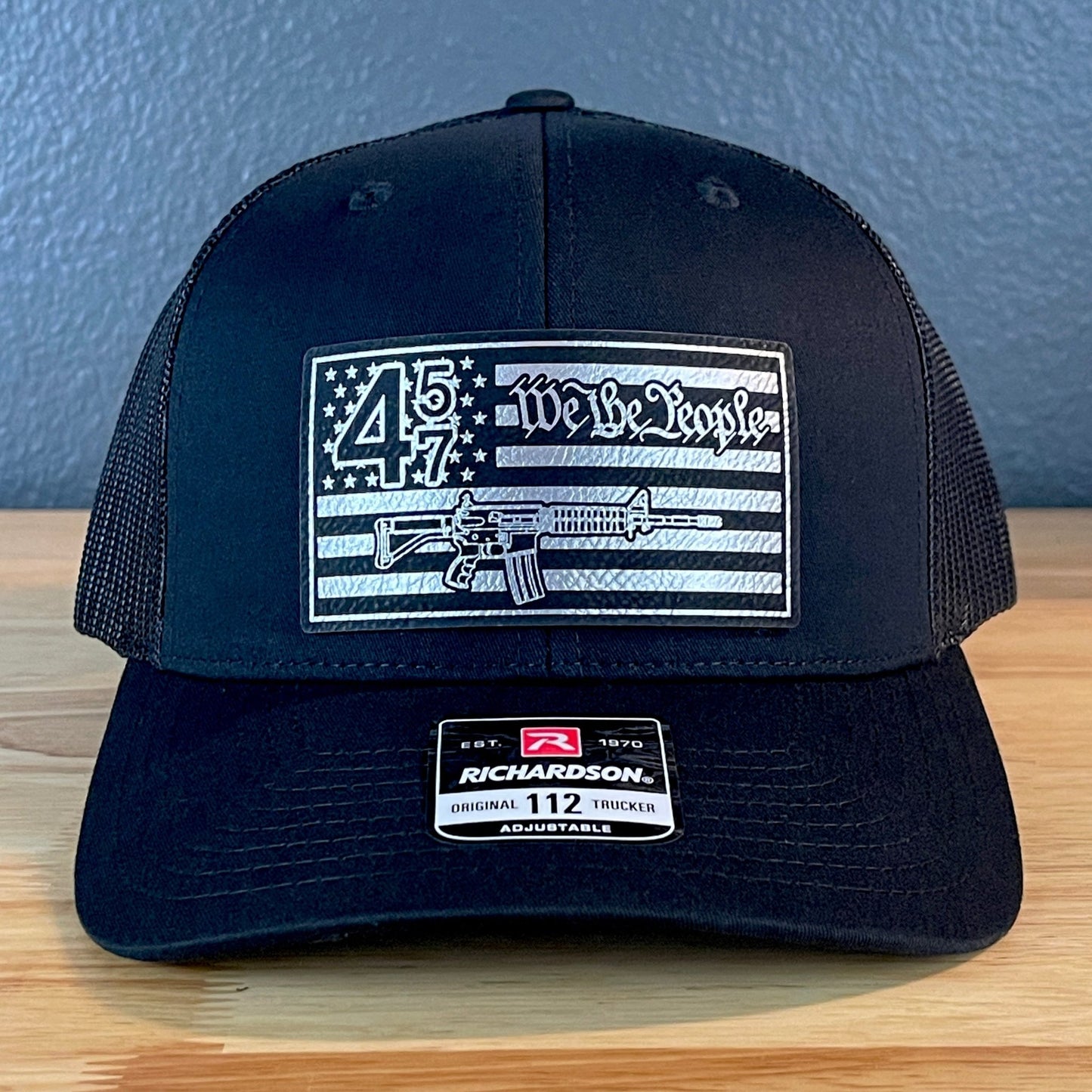 45 47 We the People 2A American Flag SnapBack Trucker Leather Patch Hat Blk/Silv - Hollow Point Society - Patch Hat