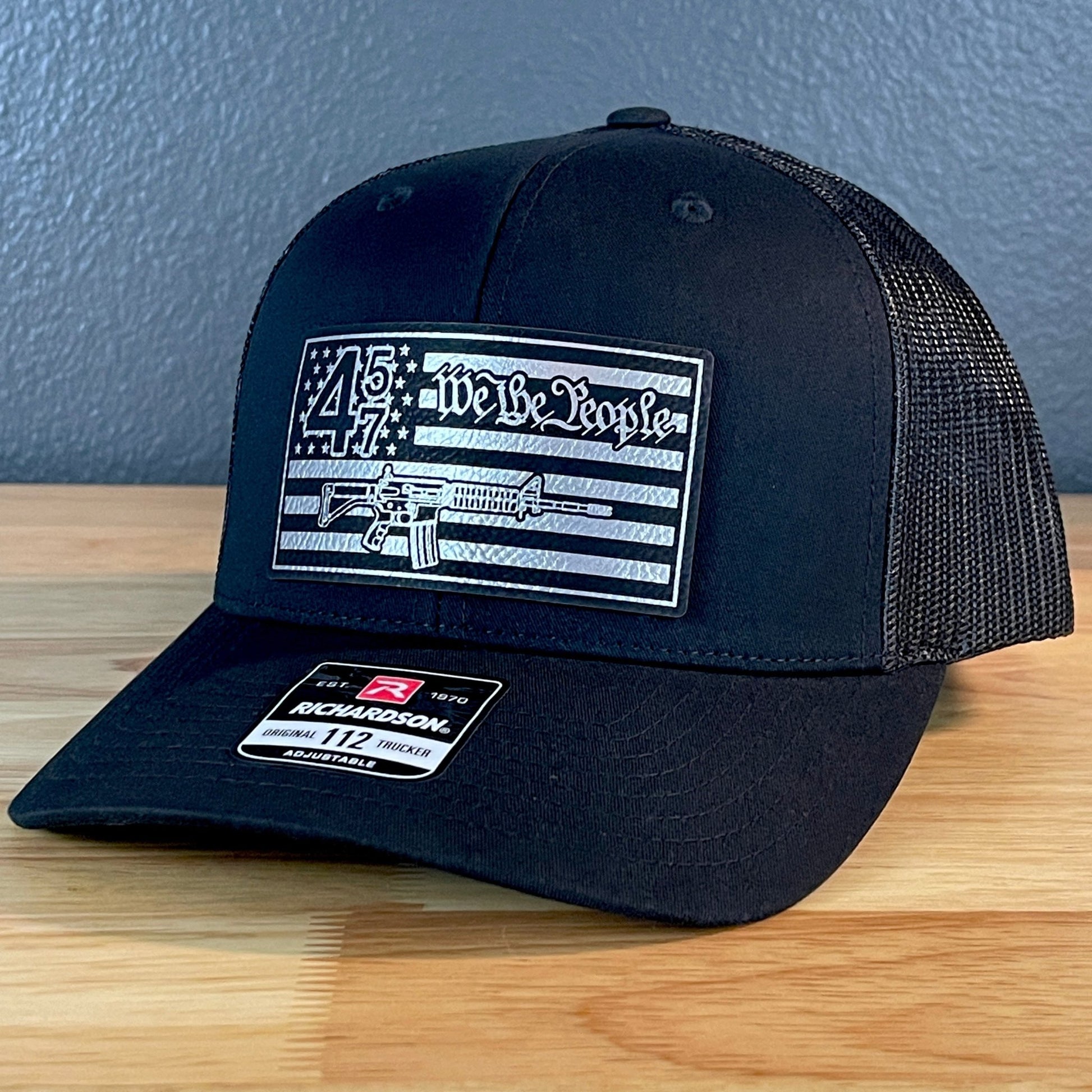 45 47 We the People 2A American Flag SnapBack Trucker Leather Patch Hat Blk/Silv - Hollow Point Society - Patch Hat