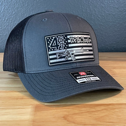 45 47 We The People 2A American Flag SnapBack Trucker Leather Patch Hat Charcoal Blk/Silv - Hollow Point Society - Patch Hat