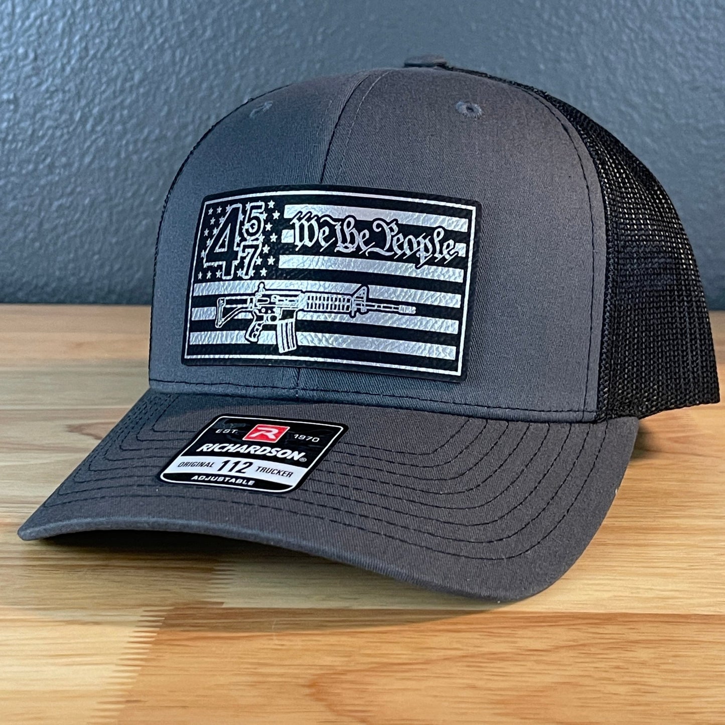 45 47 We The People 2A American Flag SnapBack Trucker Leather Patch Hat Charcoal Blk/Silv - Hollow Point Society - Patch Hat