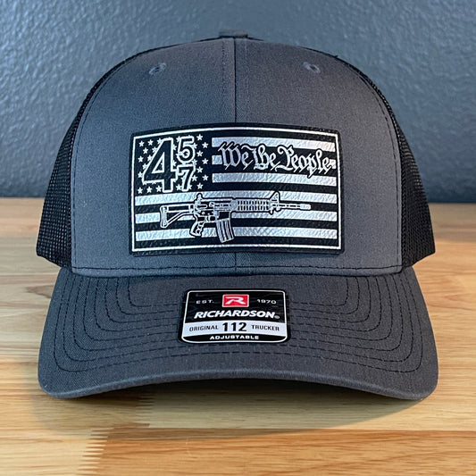 45 47 We The People 2A American Flag SnapBack Trucker Leather Patch Hat Charcoal Blk/Silv - Hollow Point Society - Patch Hat