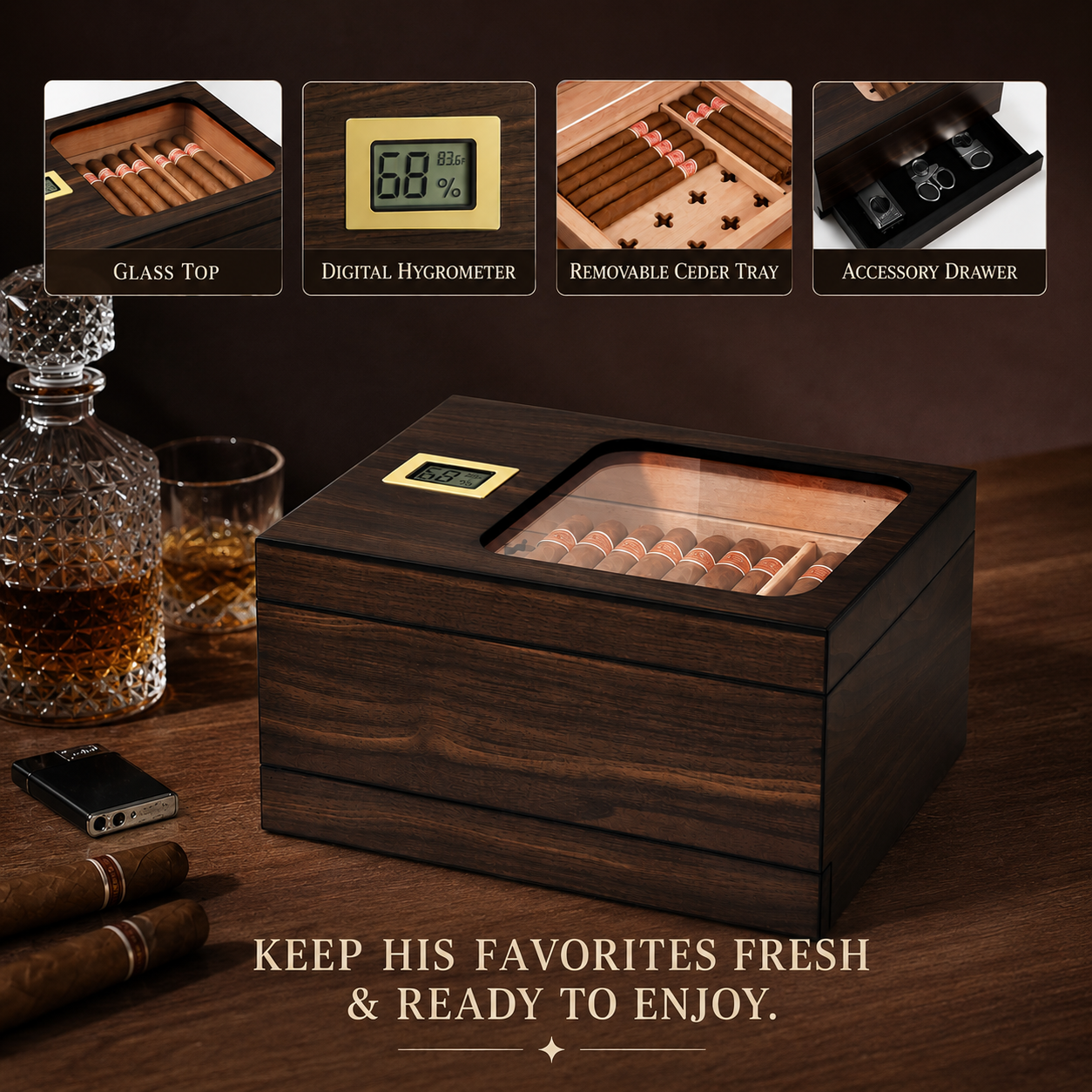 Personalized Cigar Humidor with Digital Hygrometer