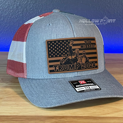 YOU MISSED Trump 2024 Flag Leather Patch SnapBack Trucker Hat Stars & Stripes - Hollow Point Society - Patch Hat