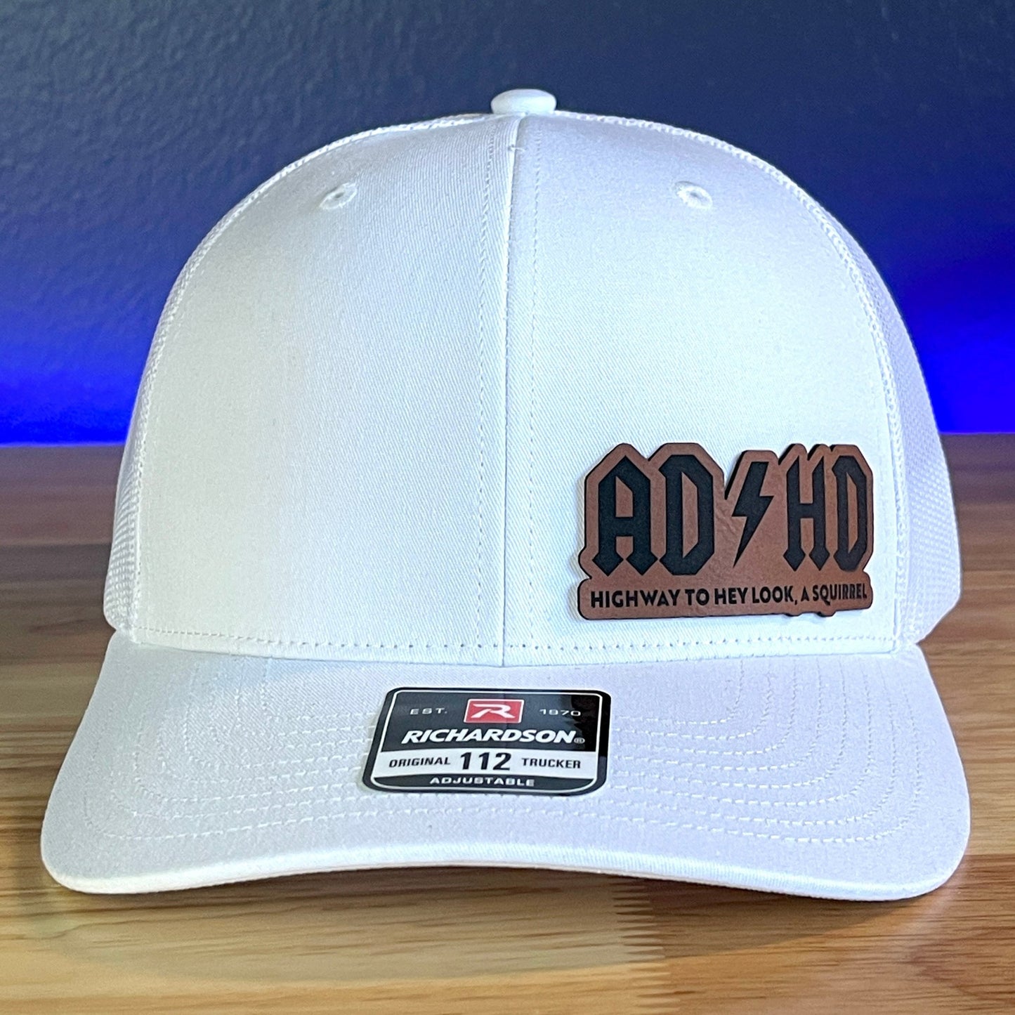 ADHD Funny Side Leather Patch Trucker Hat White - Hollow Point Society - Patch Hat