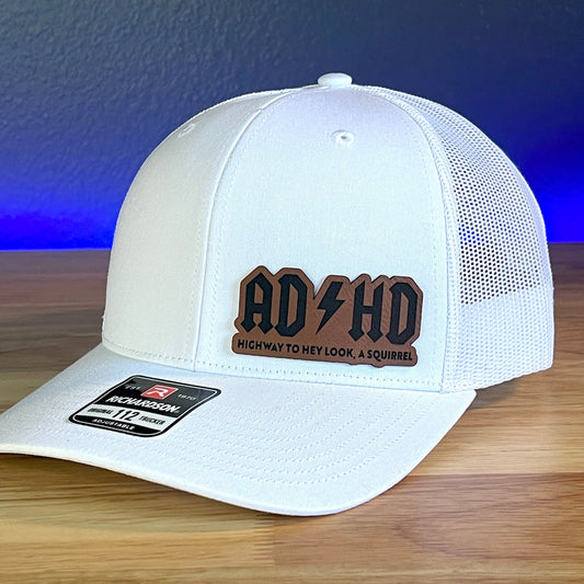 ADHD Funny Side Leather Patch Trucker Hat White - Hollow Point Society - Patch Hat