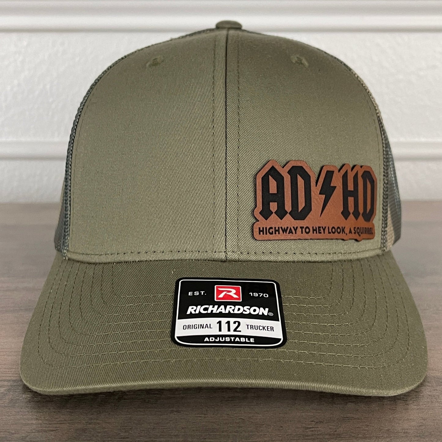 ADHD Highway To Hey Look, A Squirrel Funny Leather Patch Hat Green/Camo - Hollow Point Society - Patch Hat