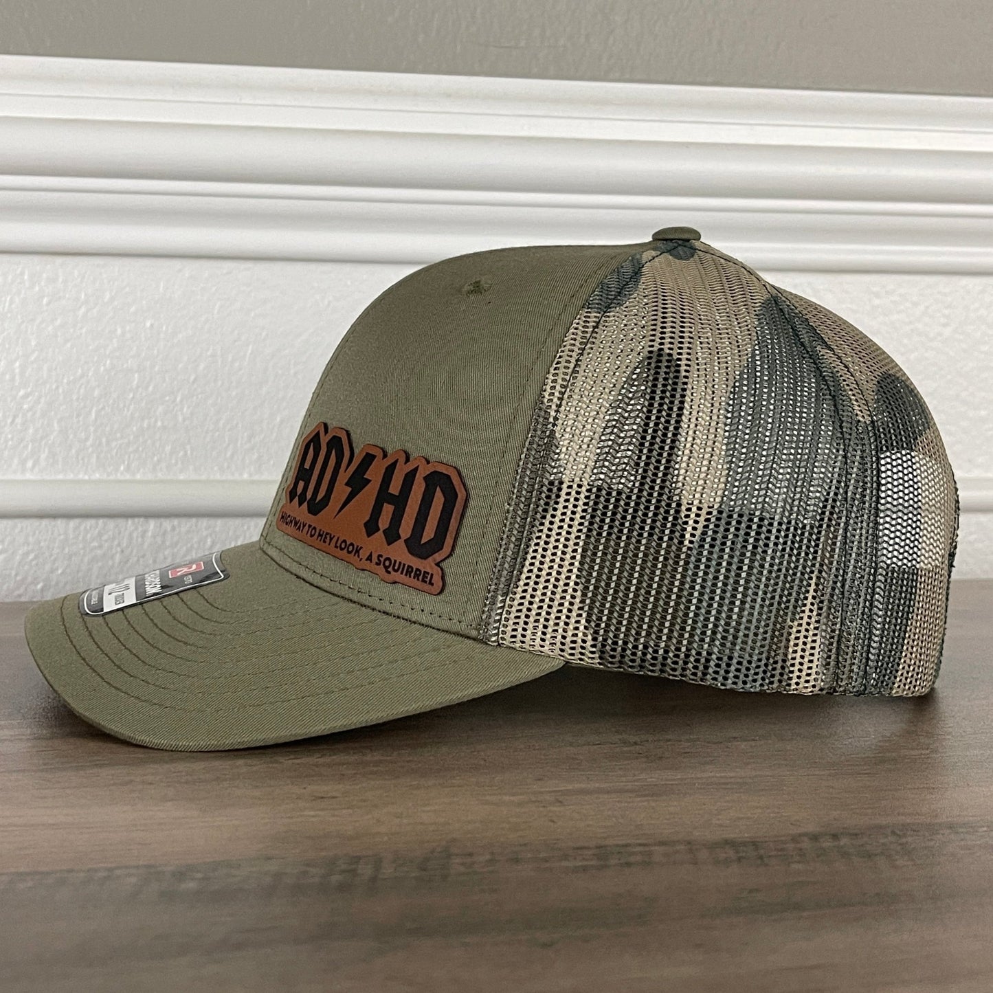 ADHD Highway To Hey Look, A Squirrel Funny Leather Patch Hat Green/Camo - Hollow Point Society - Patch Hat