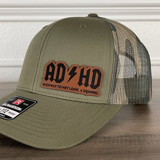 ADHD Highway To Hey Look, A Squirrel Funny Leather Patch Hat Green/Camo - Hollow Point Society - Patch Hat