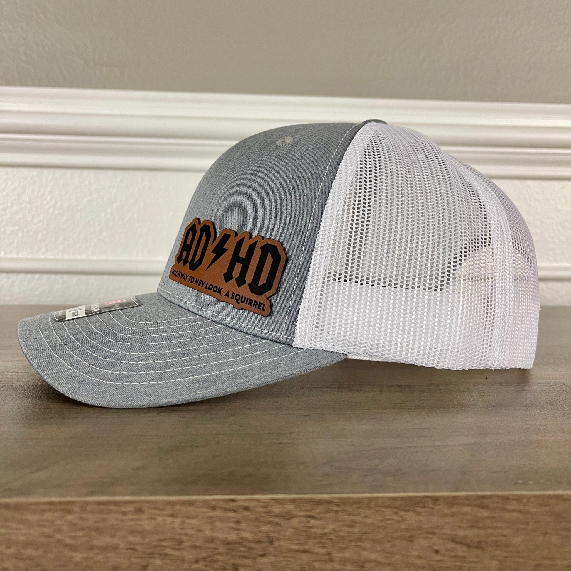 ADHD Highway To Hey Look, A Squirrel Funny Leather Patch Hat Grey/White - Hollow Point Society - Patch Hat