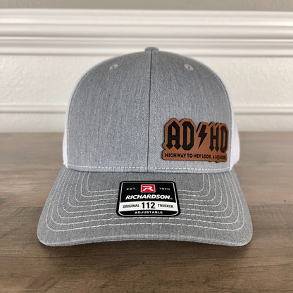 ADHD Highway To Hey Look, A Squirrel Funny Leather Patch Hat Grey/White - Hollow Point Society - Patch Hat