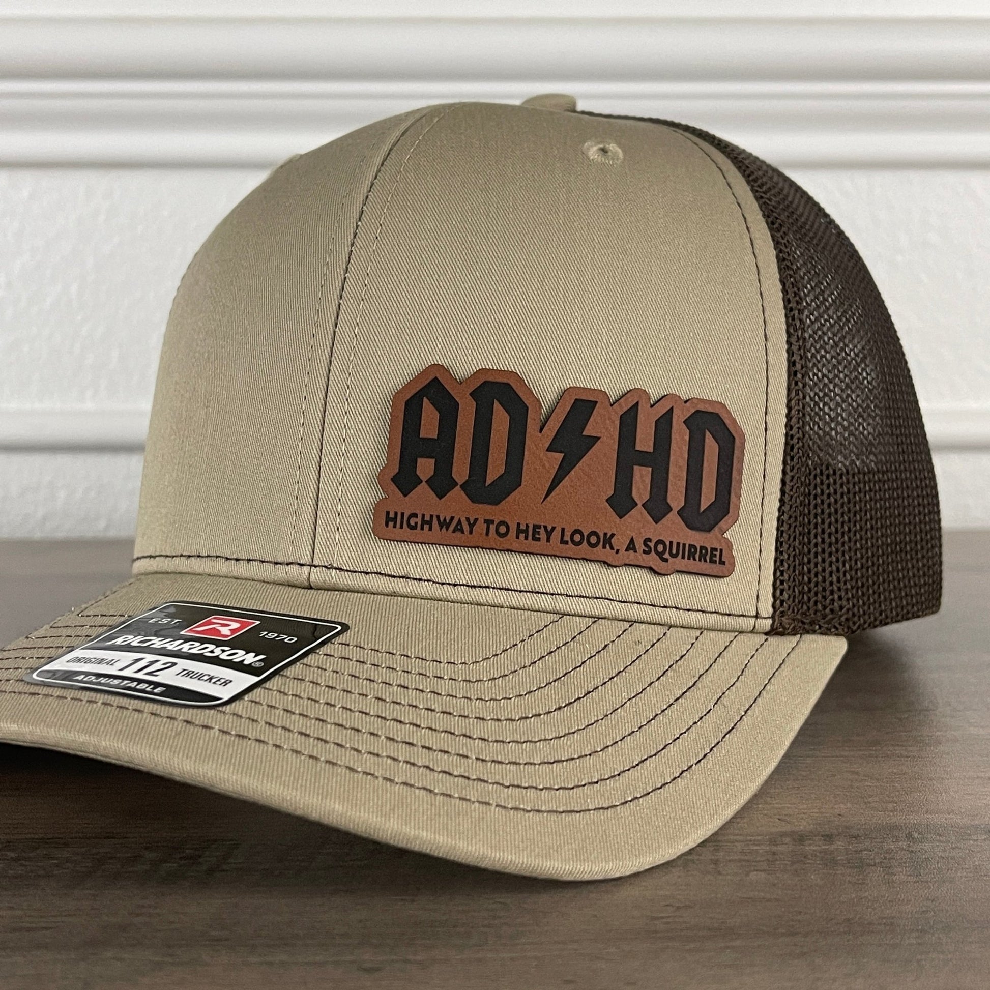 ADHD Highway To Hey Look, A Squirrel Funny Leather Patch Hat Khaki/Brown - Hollow Point Society - Patch Hat