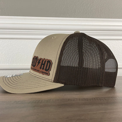 ADHD Highway To Hey Look, A Squirrel Funny Leather Patch Hat Khaki/Brown - Hollow Point Society - Patch Hat