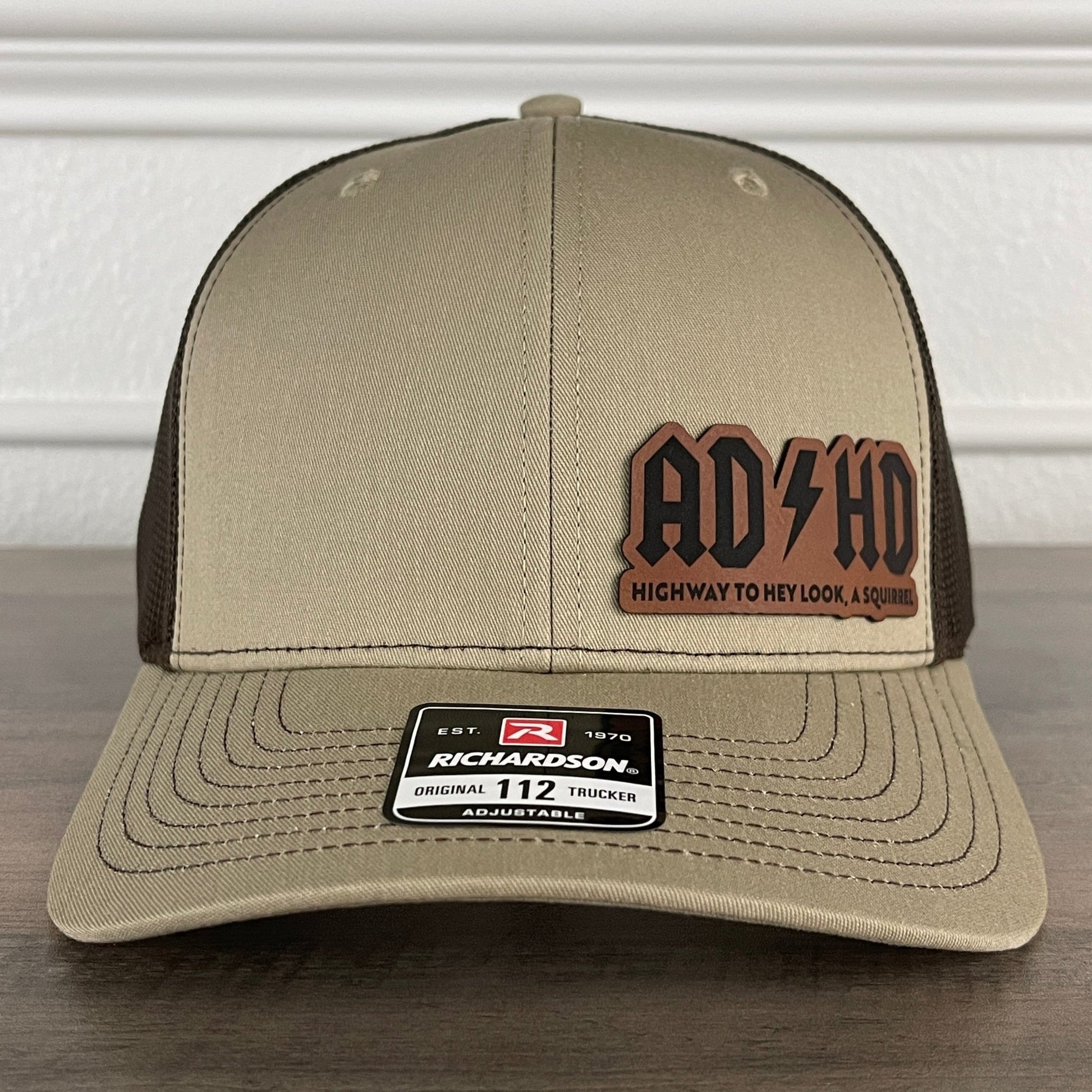 ADHD Highway To Hey Look, A Squirrel Funny Leather Patch Hat Khaki/Brown - Hollow Point Society - Patch Hat