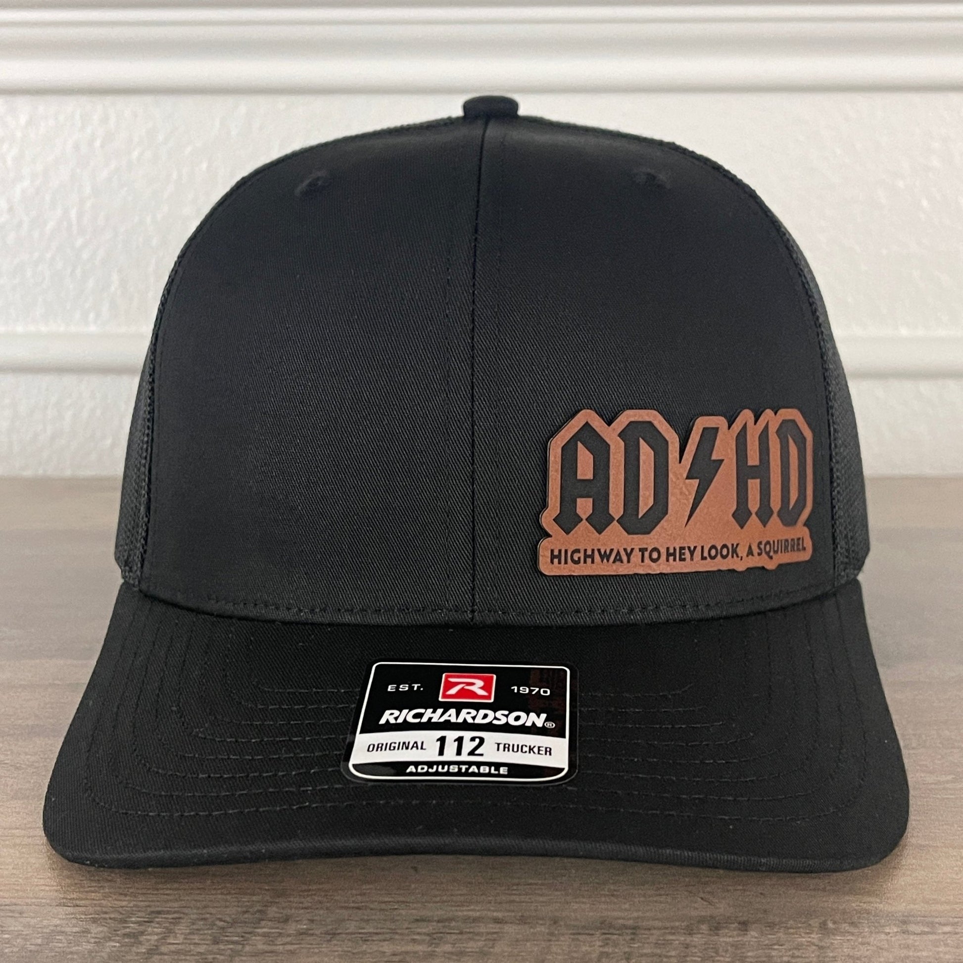 ADHD Highway to Hey Look, A Squirrel Side Leather Patch Hat Black - Hollow Point Society - Patch Hat