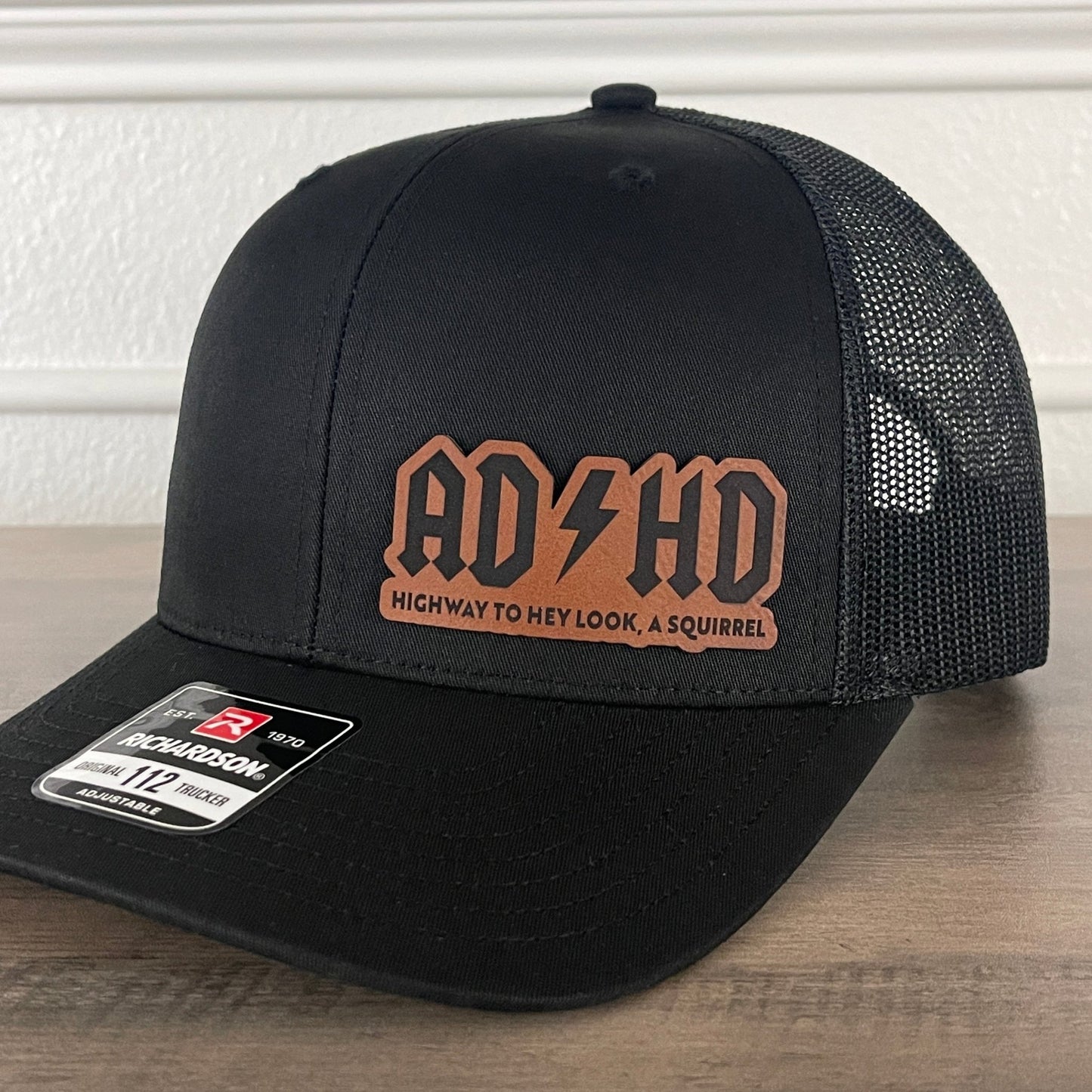 ADHD Highway to Hey Look, A Squirrel Side Leather Patch Hat Black - Hollow Point Society - Patch Hat