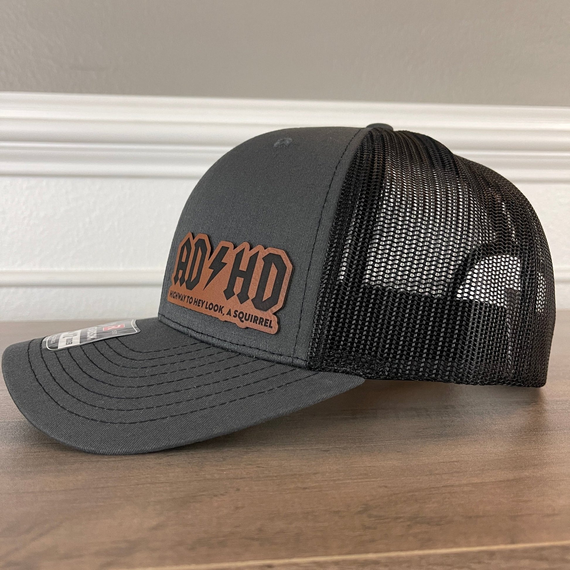 ADHD The Highway To Hey Look, A Squirrel Funny Leather Patch Hat Charcoal/Black - Hollow Point Society - Patch Hat