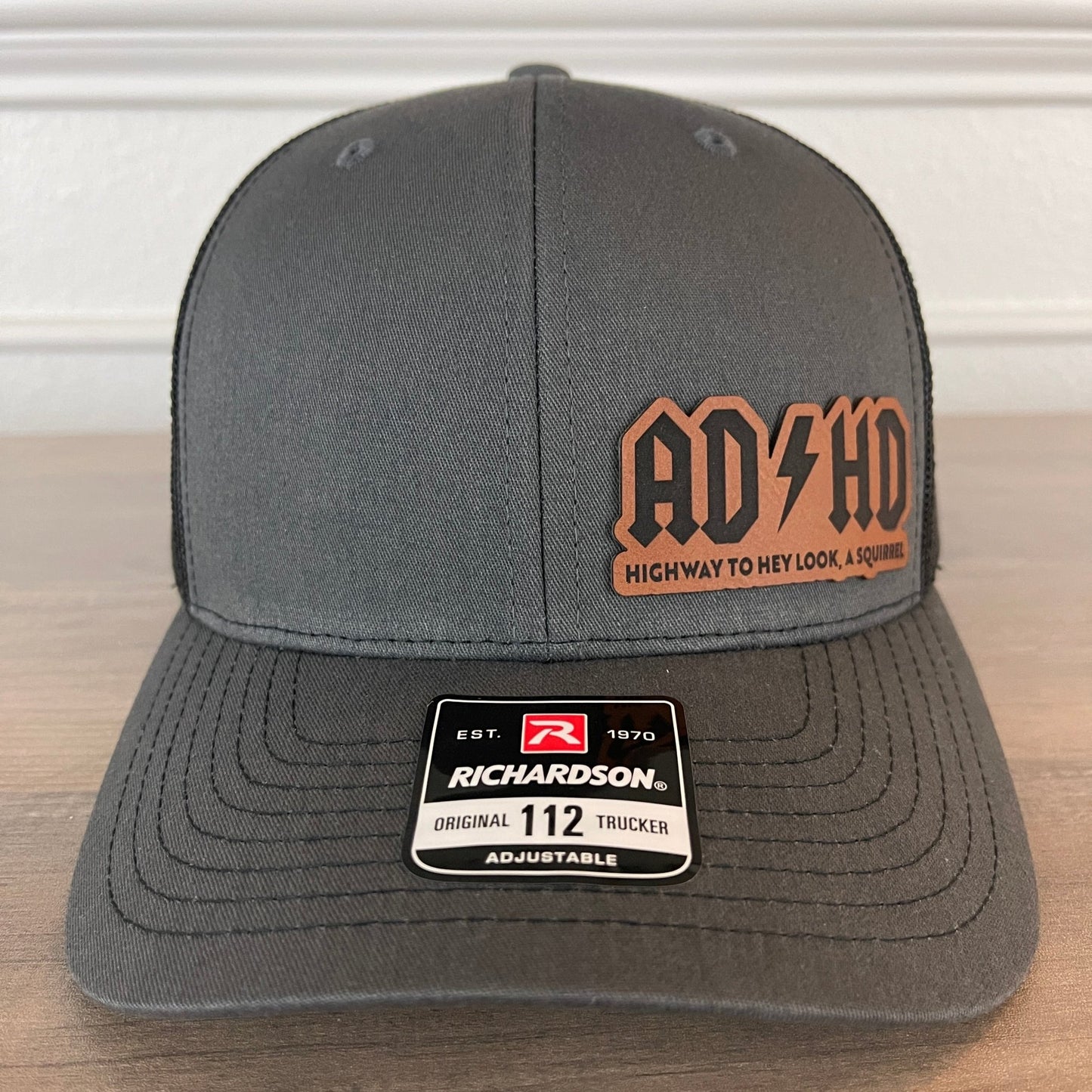 ADHD The Highway To Hey Look, A Squirrel Funny Leather Patch Hat Charcoal/Black - Hollow Point Society - Patch Hat