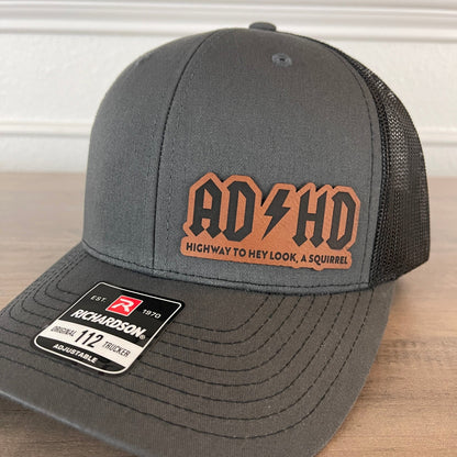 ADHD The Highway To Hey Look, A Squirrel Funny Leather Patch Hat Charcoal/Black - Hollow Point Society - Patch Hat