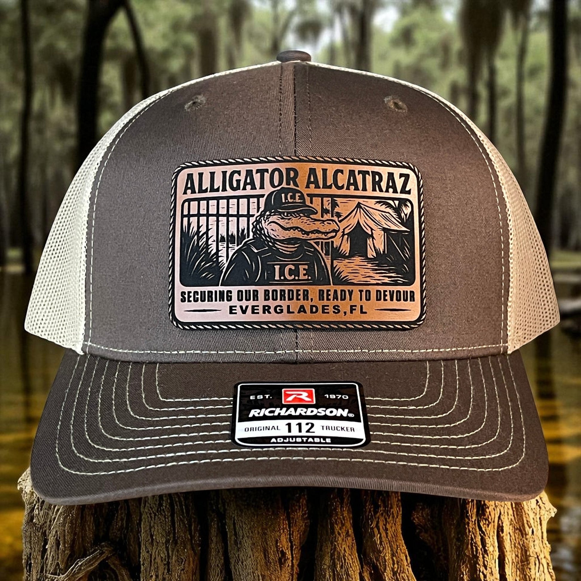 Alligator Alcatraz Swamp ICE Funny Leather Patch SnapBack Trucker Hat - Hollow Point Society - Patch Hat