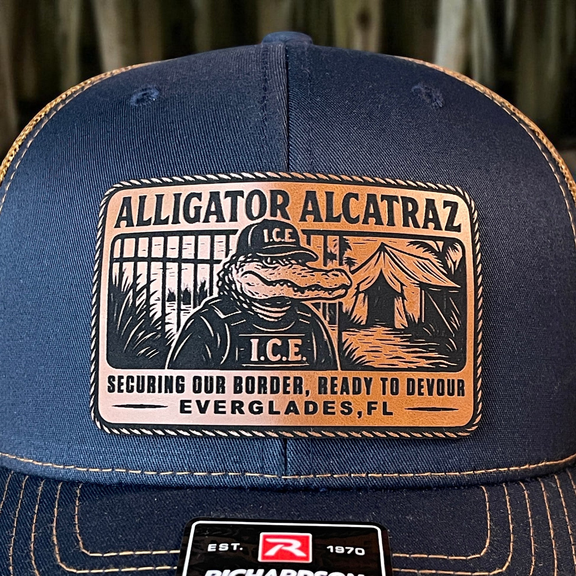 Alligator Alcatraz Swamp ICE Funny Leather Patch SnapBack Trucker Hat - Hollow Point Society - Patch Hat