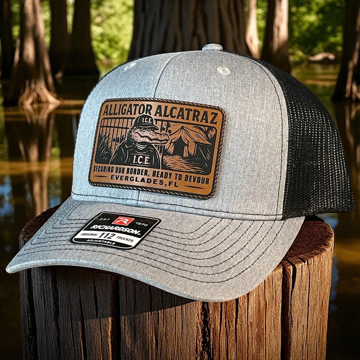 Alligator Alcatraz Swamp ICE Funny Leather Patch SnapBack Trucker Hat - Hollow Point Society - Patch Hat