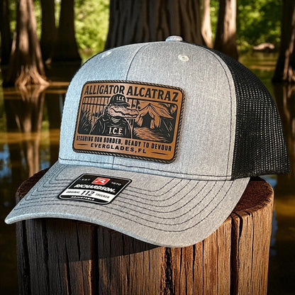 Alligator Alcatraz Swamp ICE Funny Leather Patch SnapBack Trucker Hat - Hollow Point Society - Patch Hat