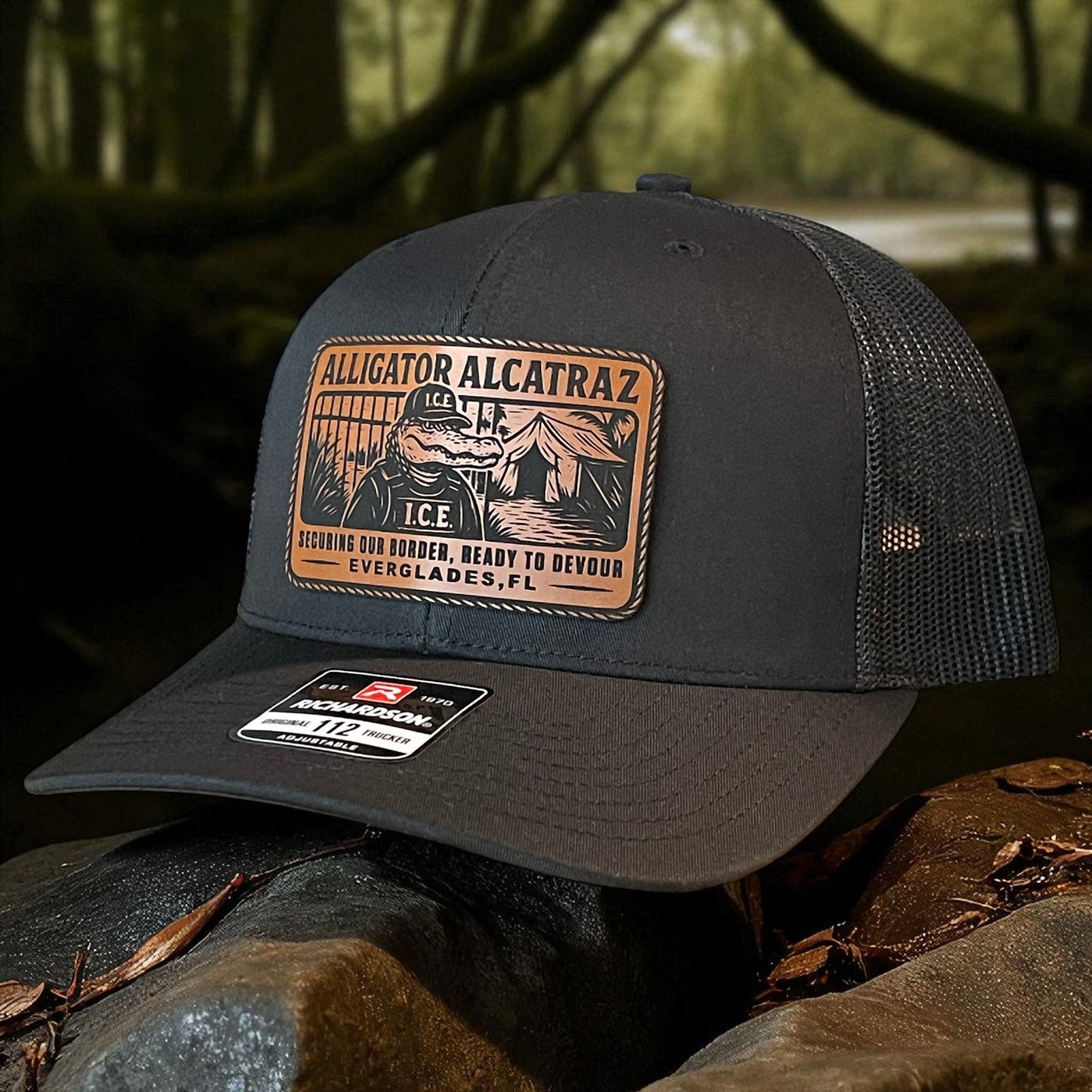 Alligator Alcatraz Swamp ICE Funny Leather Patch SnapBack Trucker Hat - Hollow Point Society - Patch Hat
