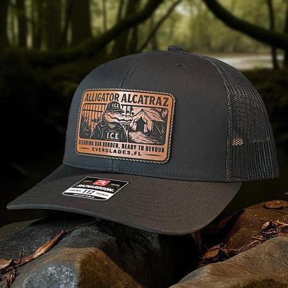 Alligator Alcatraz Swamp ICE Funny Leather Patch SnapBack Trucker Hat - Hollow Point Society - Patch Hat