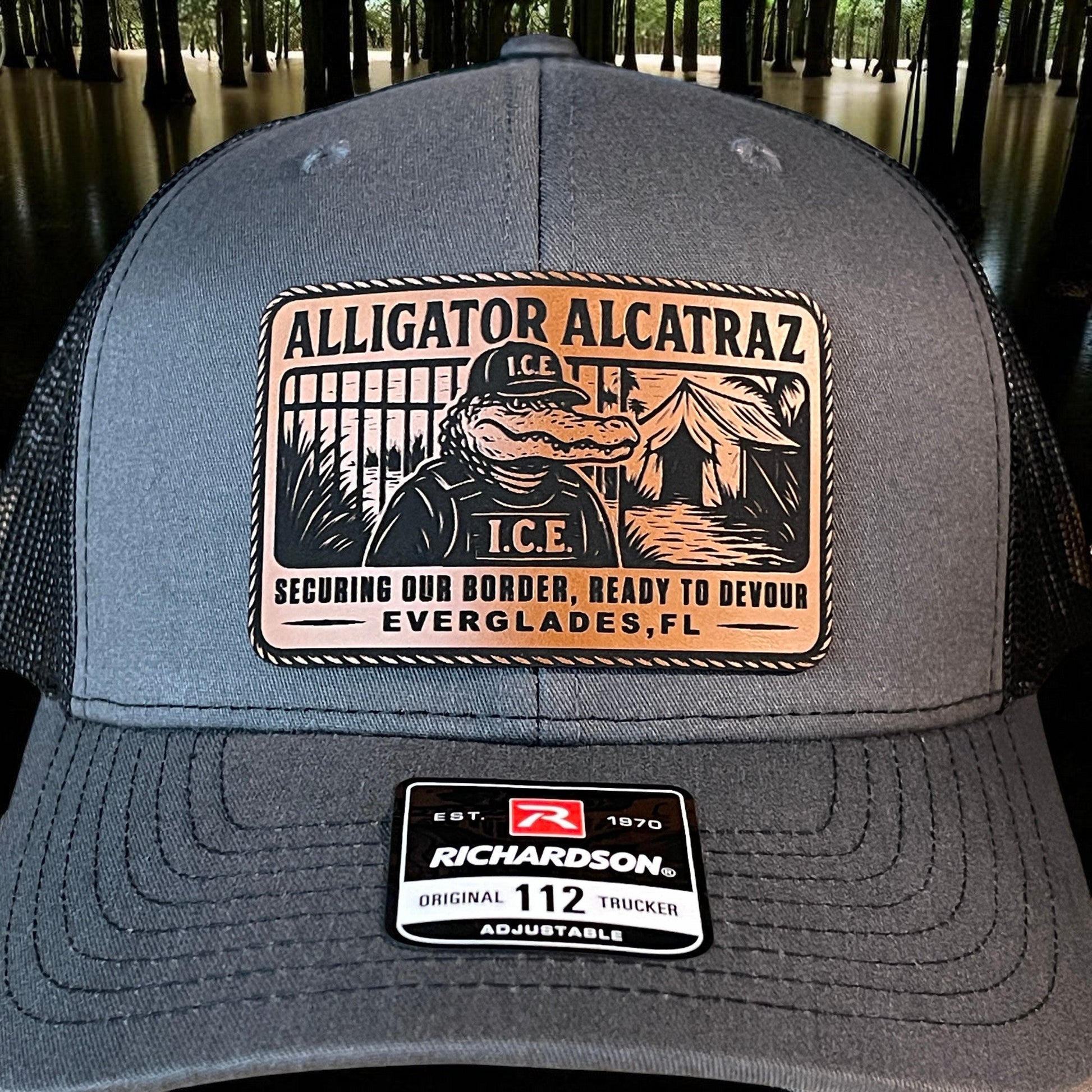 Alligator Alcatraz Swamp ICE Funny Leather Patch SnapBack Trucker Hat - Hollow Point Society - Patch Hat
