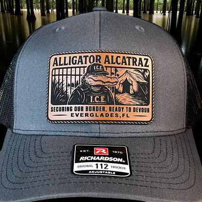 Alligator Alcatraz Swamp ICE Funny Leather Patch SnapBack Trucker Hat - Hollow Point Society - Patch Hat
