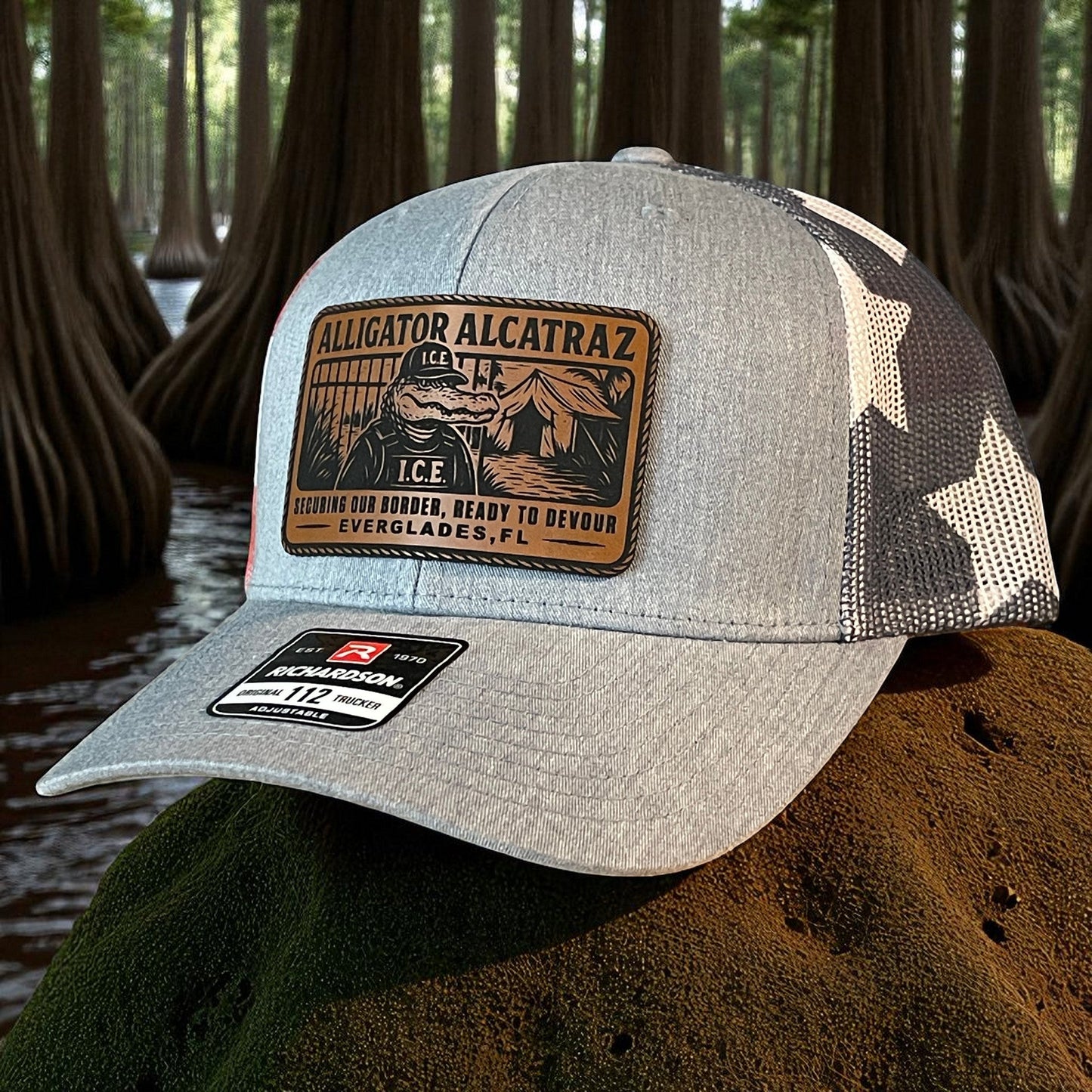 Alligator Alcatraz Swamp ICE Funny Leather Patch SnapBack Trucker Hat - Hollow Point Society - Patch Hat