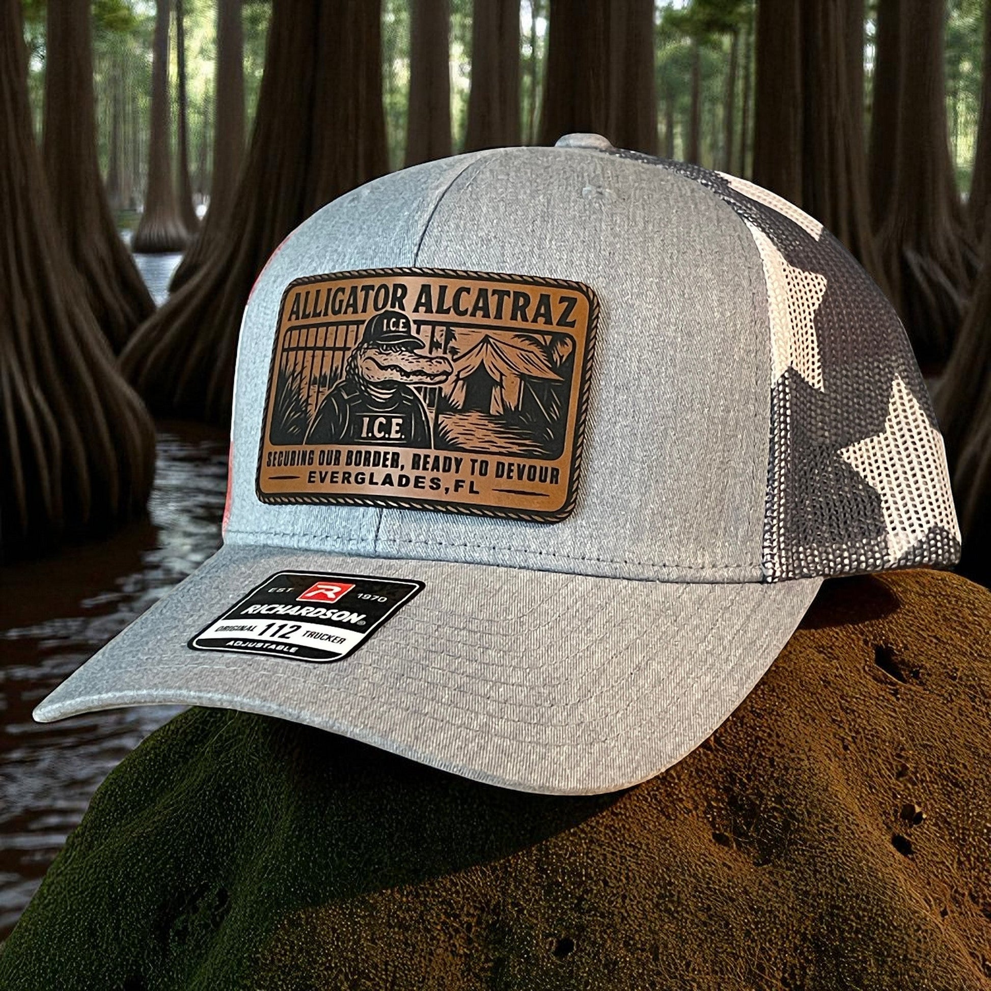 Alligator Alcatraz Swamp ICE Funny Leather Patch SnapBack Trucker Hat - Hollow Point Society - Patch Hat
