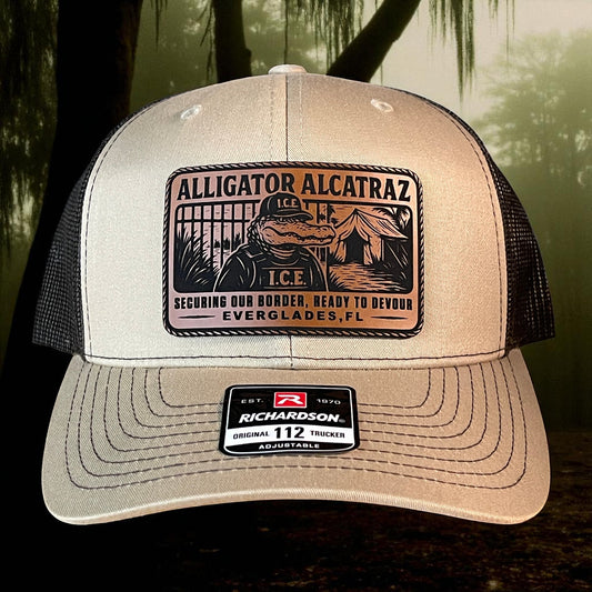 Alligator Alcatraz Swamp ICE Funny Leather Patch SnapBack Trucker Hat - Hollow Point Society - Patch Hat