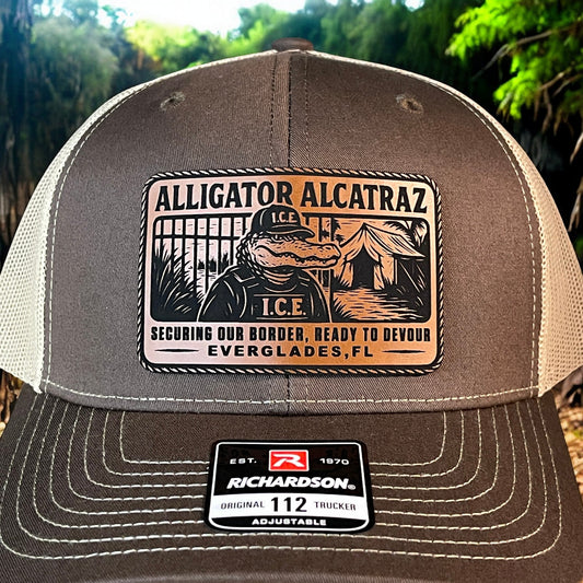 Alligator Alcatraz Swamp ICE Funny Leather Patch SnapBack Trucker Hat - Hollow Point Society - Patch Hat