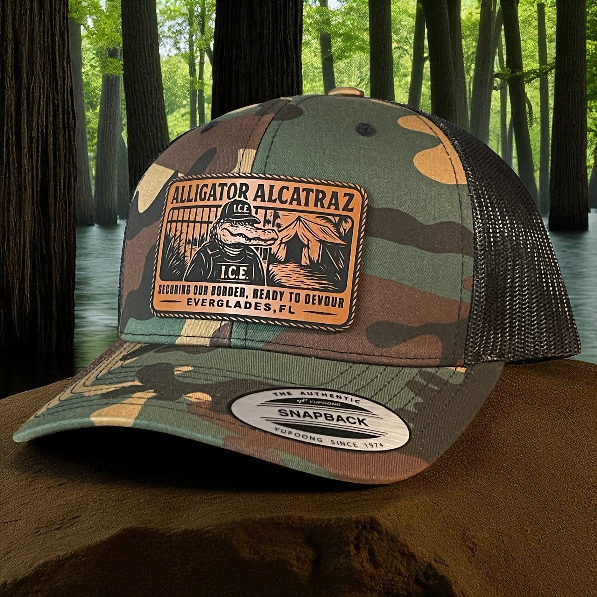 Alligator Alcatraz Swamp ICE Funny Leather Patch SnapBack Trucker Hat - Hollow Point Society - Patch Hat