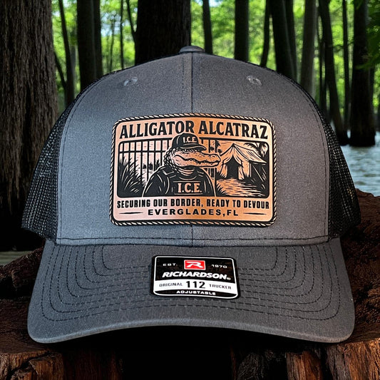 Alligator Alcatraz Swamp ICE Funny Leather Patch SnapBack Trucker Hat - Hollow Point Society - Patch Hat