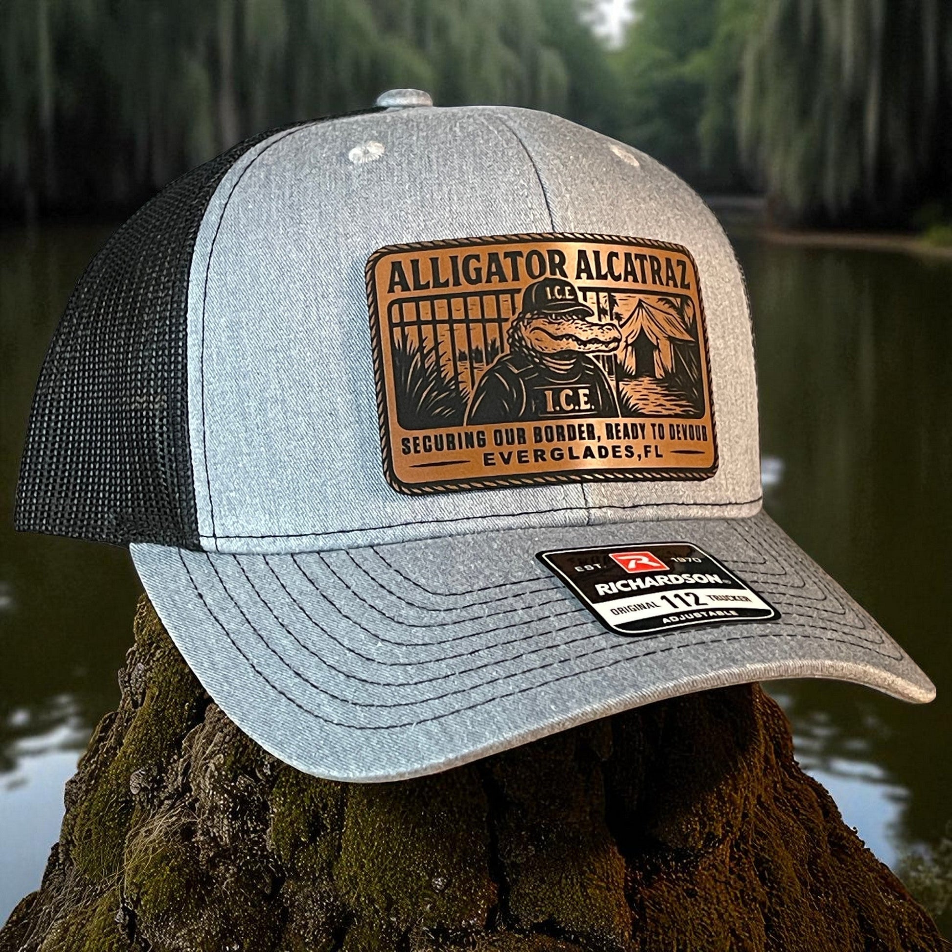 Alligator Alcatraz Swamp ICE Funny Leather Patch SnapBack Trucker Hat - Hollow Point Society - Patch Hat