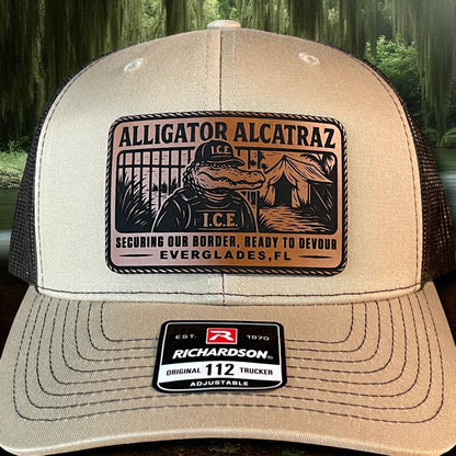 Alligator Alcatraz Swamp ICE Funny Leather Patch SnapBack Trucker Hat - Hollow Point Society - Patch Hat