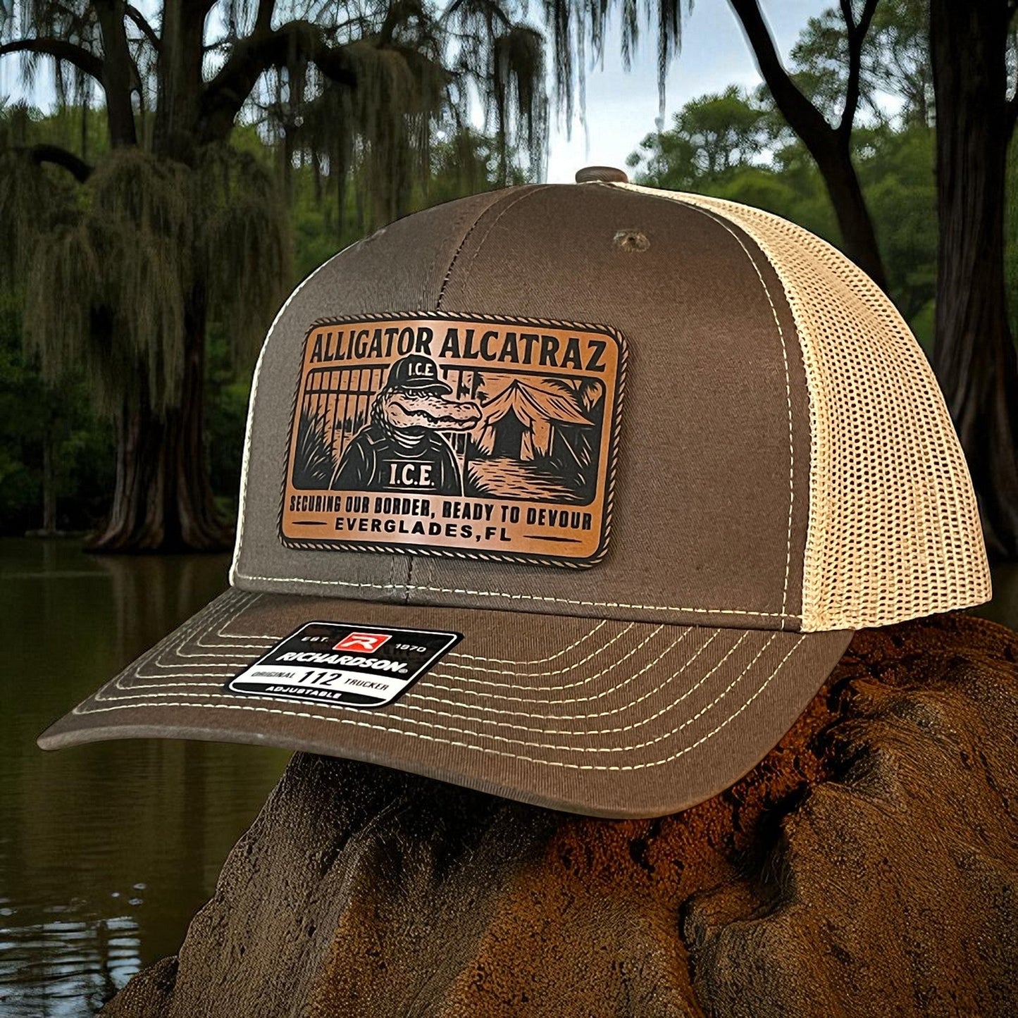 Alligator Alcatraz Swamp ICE Funny Leather Patch SnapBack Trucker Hat - Hollow Point Society - Patch Hat