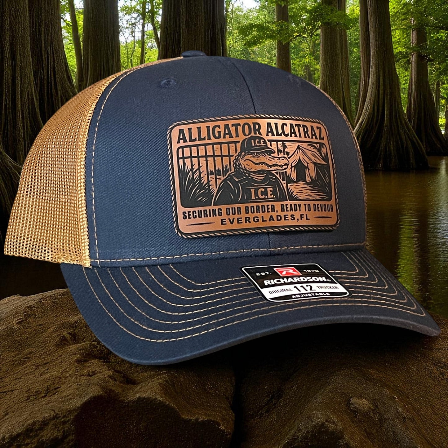 Alligator Alcatraz Swamp ICE Funny Leather Patch SnapBack Trucker Hat - Hollow Point Society - Patch Hat