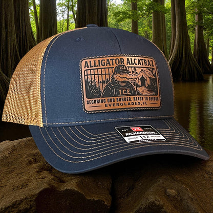 Alligator Alcatraz Swamp ICE Funny Leather Patch SnapBack Trucker Hat - Hollow Point Society - Patch Hat