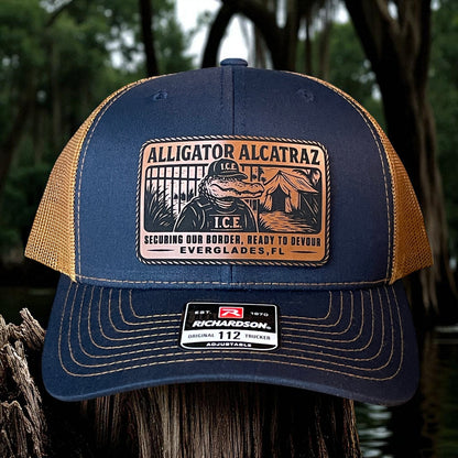 Alligator Alcatraz Swamp ICE Funny Leather Patch SnapBack Trucker Hat - Hollow Point Society - Patch Hat