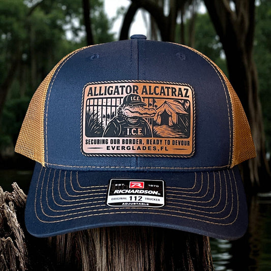 Alligator Alcatraz Swamp ICE Funny Leather Patch SnapBack Trucker Hat - Hollow Point Society - Patch Hat