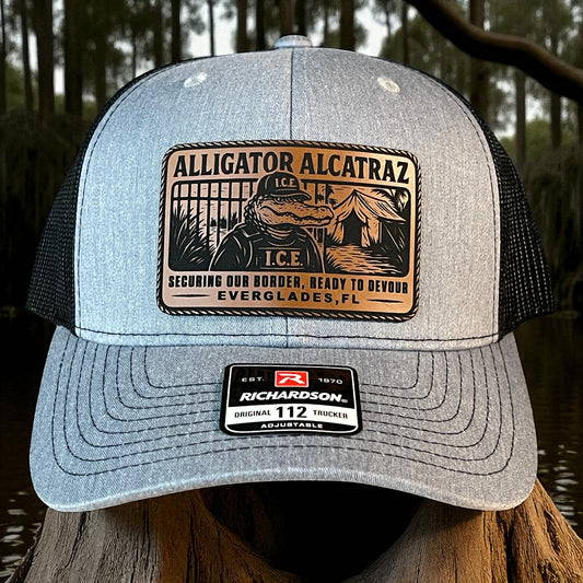 Alligator Alcatraz Swamp ICE Funny Leather Patch SnapBack Trucker Hat - Hollow Point Society - Patch Hat
