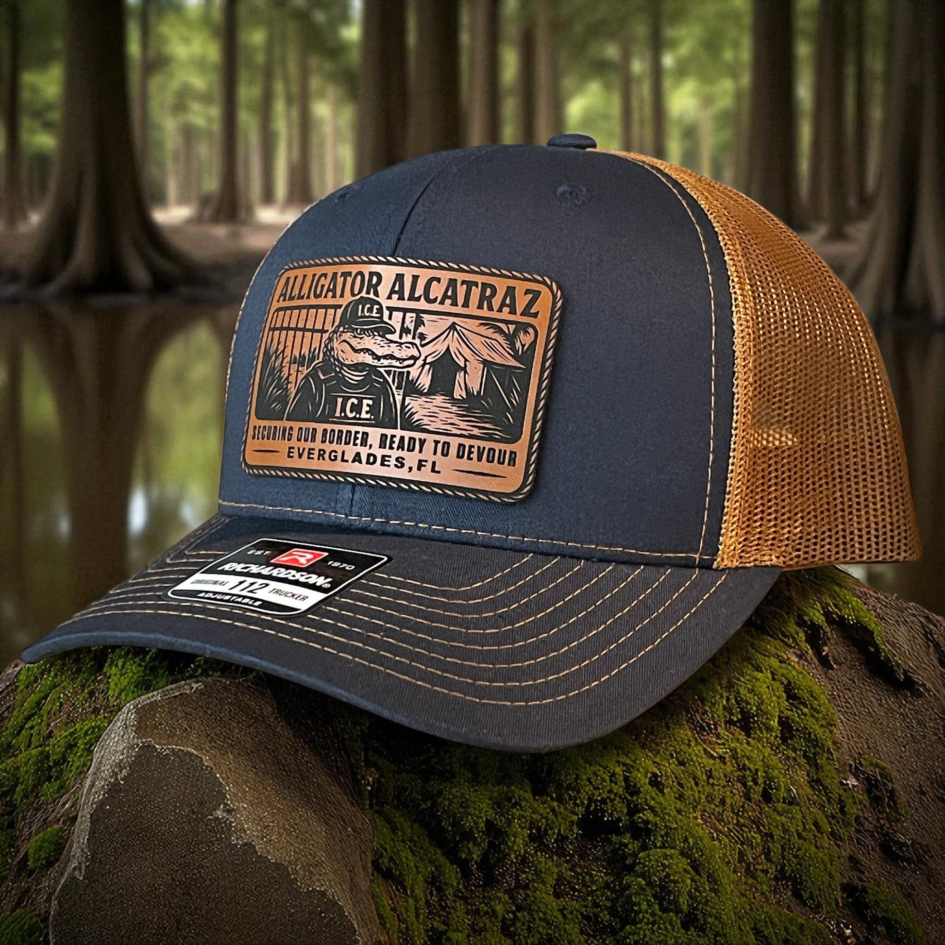 Alligator Alcatraz Swamp ICE Funny Leather Patch SnapBack Trucker Hat - Hollow Point Society - Patch Hat